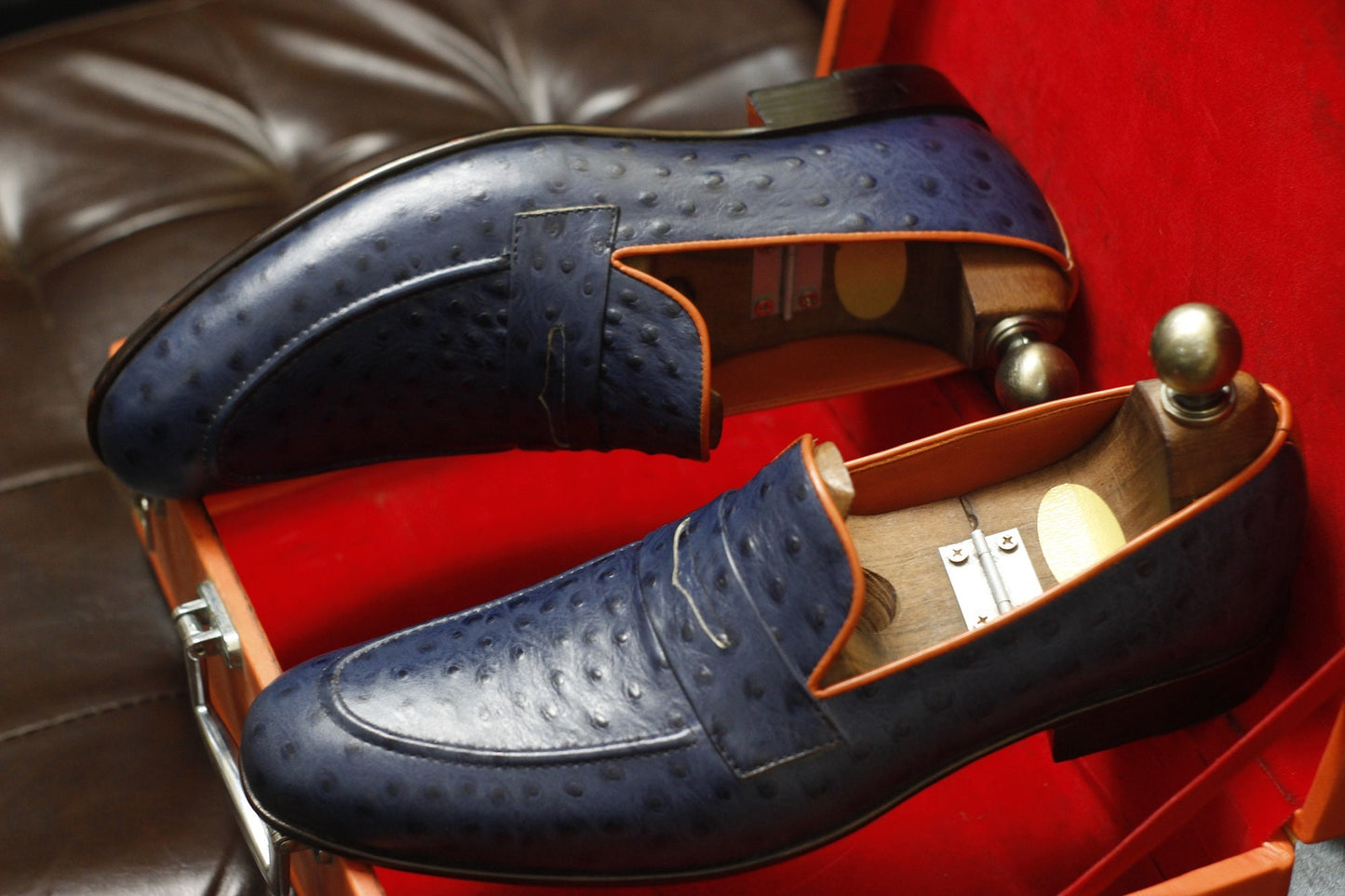 New Men's Handmade Formal Shoes Blue Ostrich Textured Leather Stylish Loafer Slip On Dress & Formal Wear Shoes