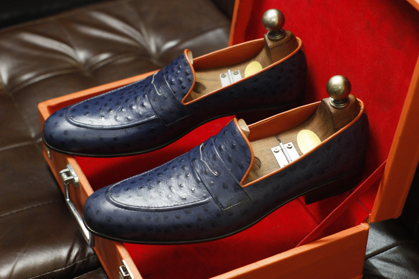 New Men's Handmade Formal Shoes Blue Ostrich Textured Leather Stylish Loafer Slip On Dress & Formal Wear Shoes