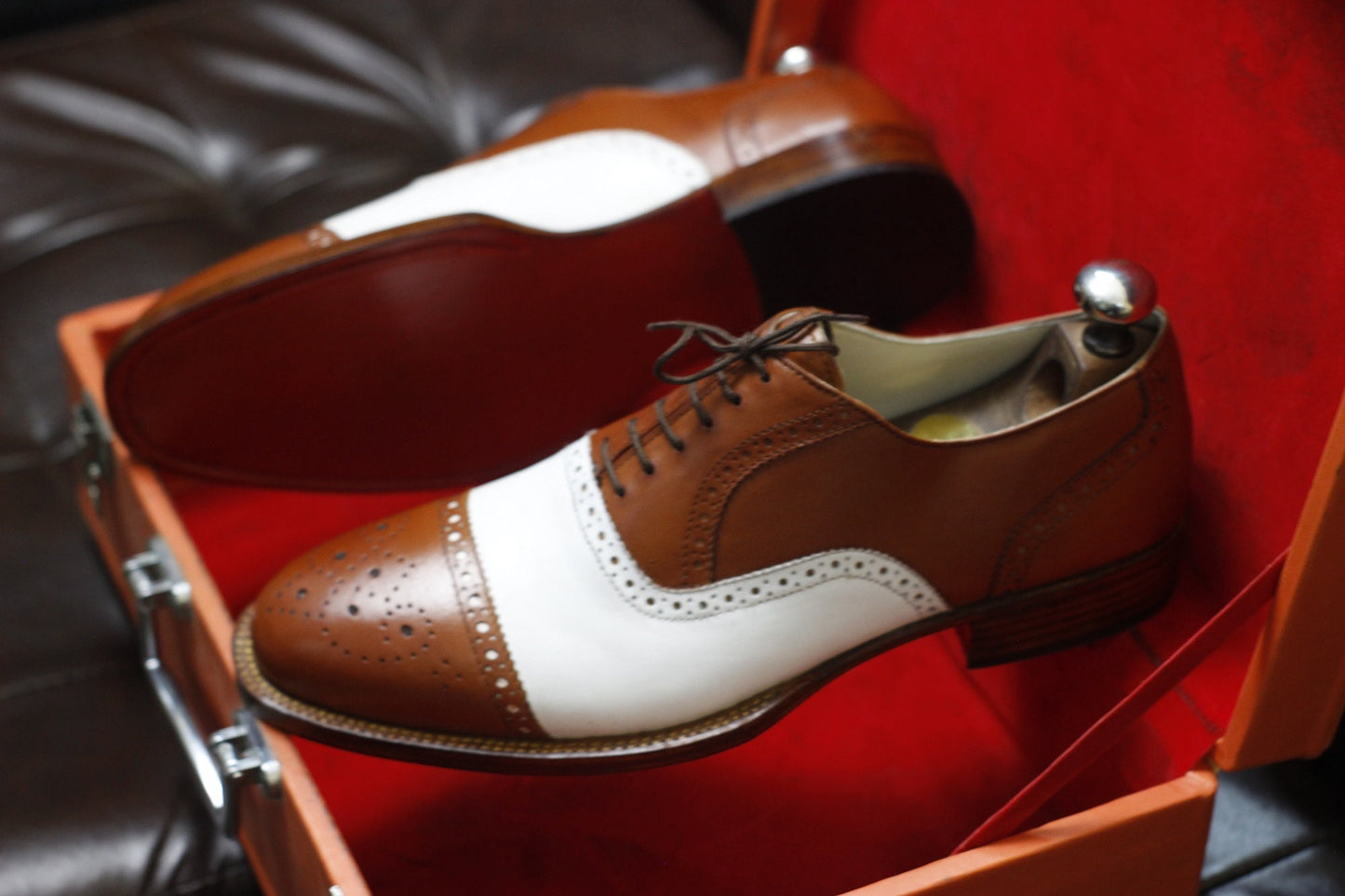 New Men's Handmade Formal Shoes Brown White Leather Cap Toe , Lace Up Stylish Dress & Casual Wear Shoes