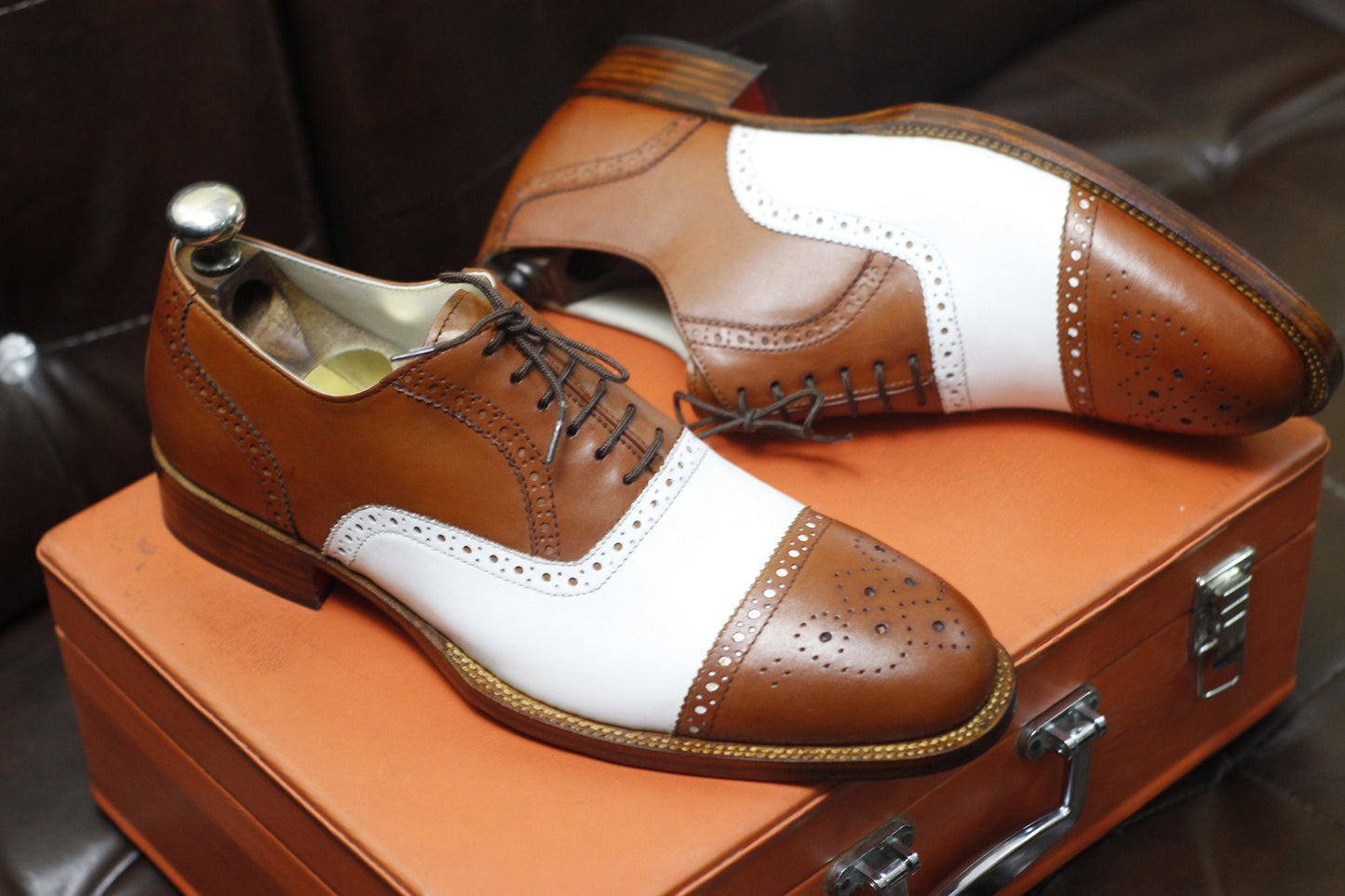 New Men's Handmade Formal Shoes Brown White Leather Cap Toe , Lace Up Stylish Dress & Casual Wear Shoes