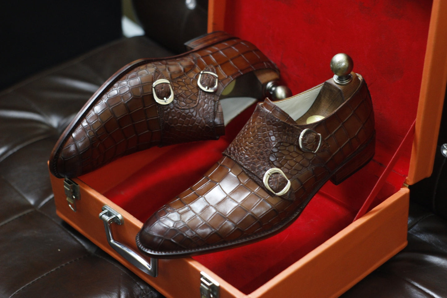 New Men's Handmade Buckle Shoes Brown Crocodile Textured Leather Double Monk Buckle Strap Stylish Dress & Formal Wear Shoes