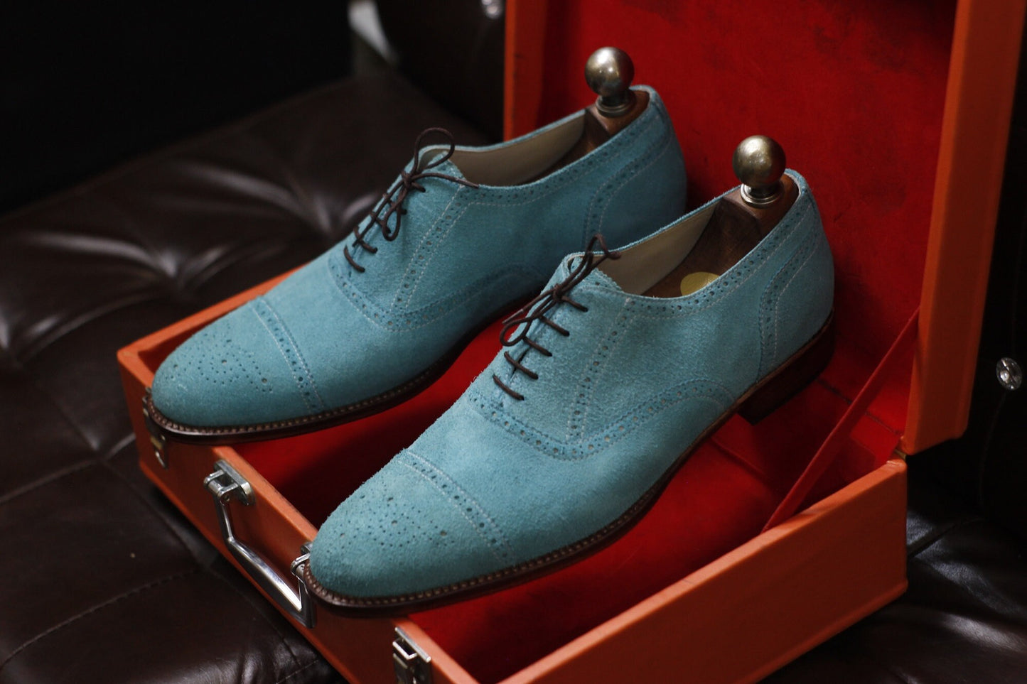 New Men's Handmade Formal Shoes Sky Blue Suede Leather Lace Up Stylish Cap Toe Dress & Formal Wear Shoes