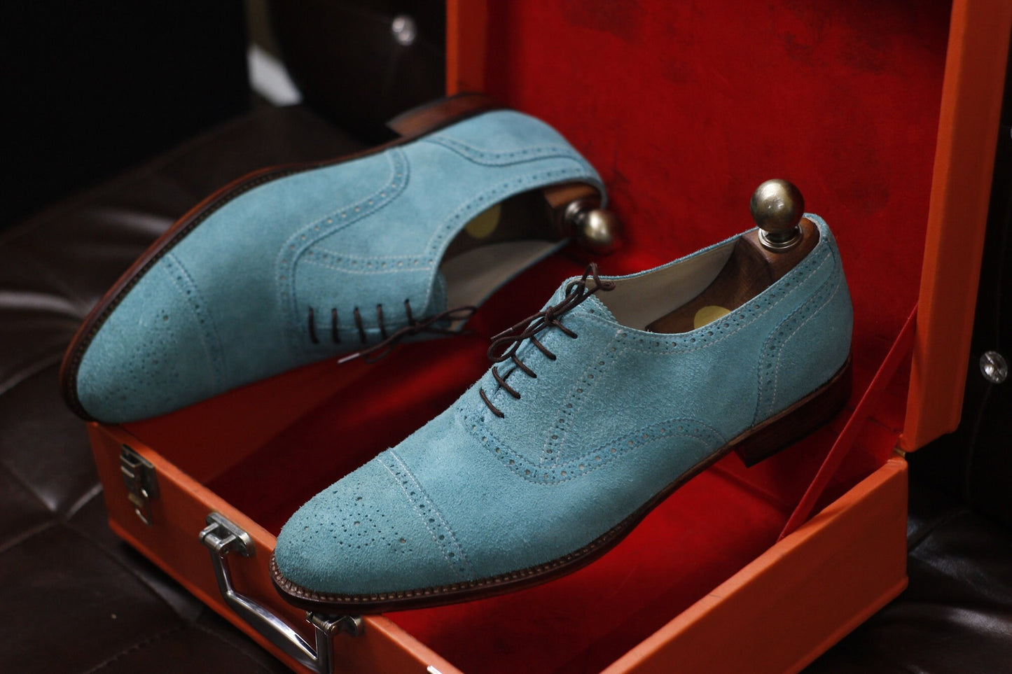 New Men's Handmade Formal Shoes Sky Blue Suede Leather Lace Up Stylish Cap Toe Dress & Formal Wear Shoes