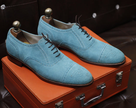 New Men's Handmade Formal Shoes Sky Blue Suede Leather Lace Up Stylish Cap Toe Dress & Formal Wear Shoes