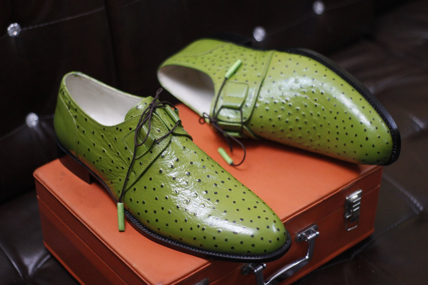 New Men's Handmade Formal Shoes Green Ostrich Textured Leather Stylish Lace Up Dress & Formal Wear Shoes