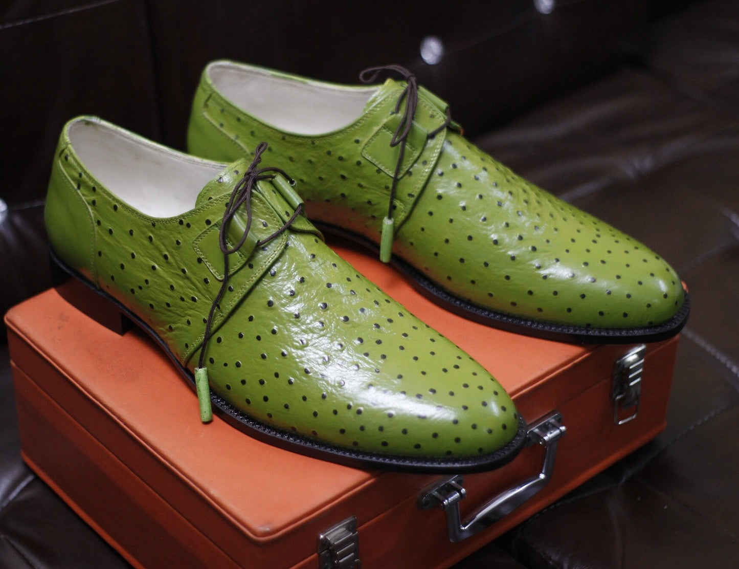 New Men's Handmade Formal Shoes Green Ostrich Textured Leather Stylish Lace Up Dress & Formal Wear Shoes