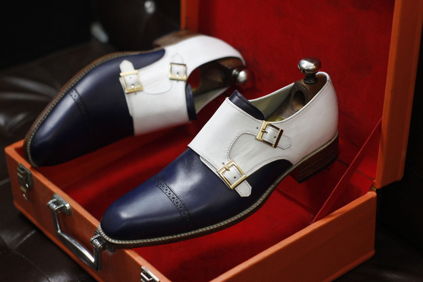 New Men's Handmade Formal Shoes Navy Blue and White Leather Two Tone Double Monk Stylish Buckle Dress & Formal Wear Shoes