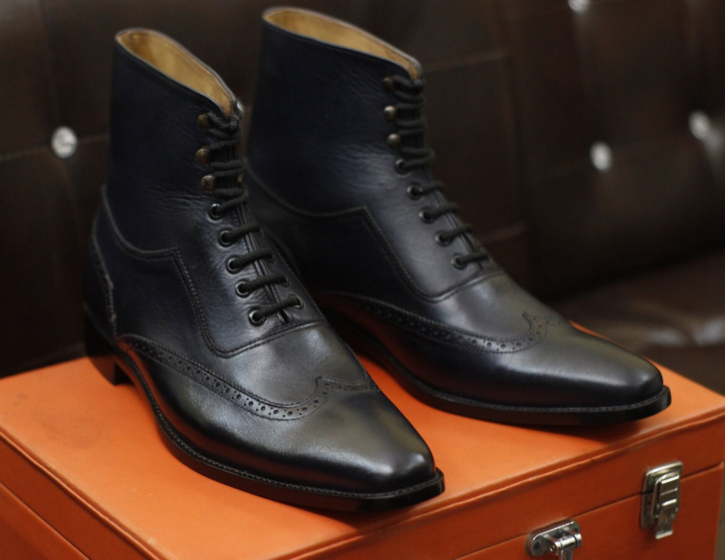 New Men's Handmade Formal Shoes Navy Blue Leather Lace Up Ankle High Wing Tip Dress & Formal Boots