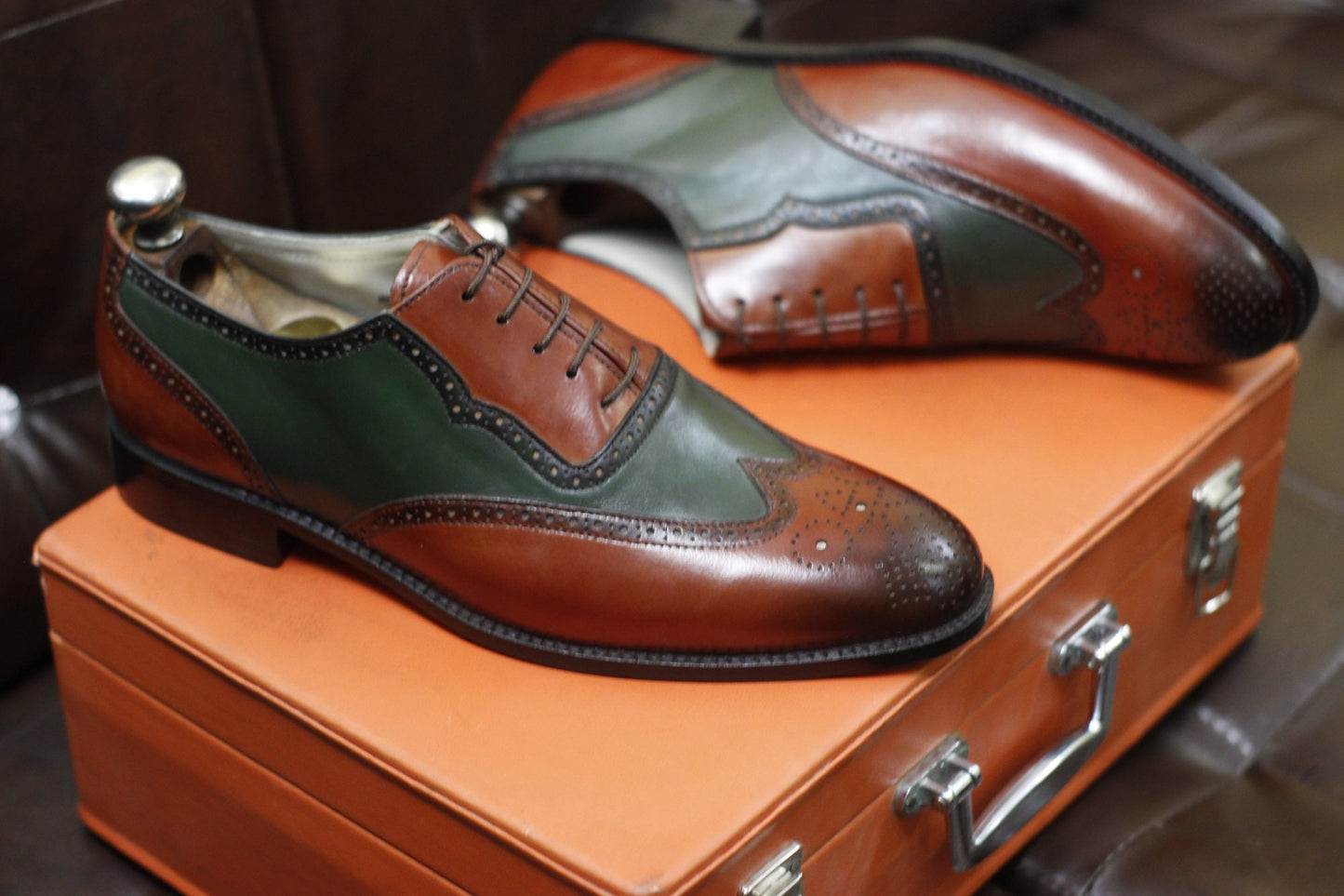 BURGUNDY & OLIVE GREEN HANDMADE FORMAL WINGTIP SHOES