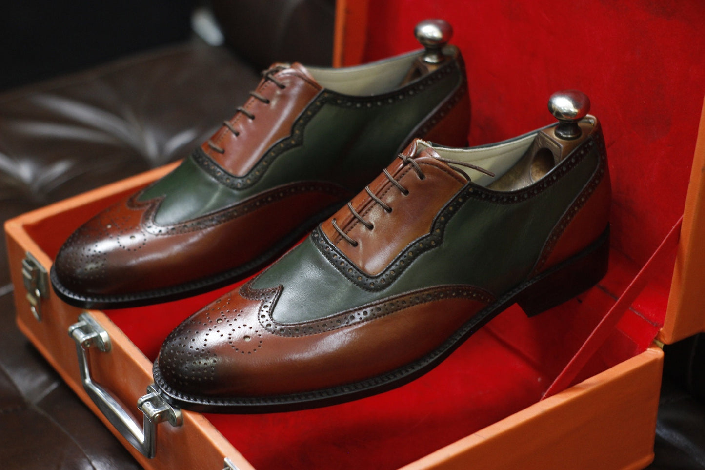 BURGUNDY & OLIVE GREEN HANDMADE FORMAL WINGTIP SHOES