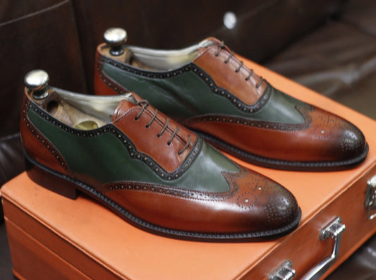 BURGUNDY & OLIVE GREEN HANDMADE FORMAL WINGTIP SHOES