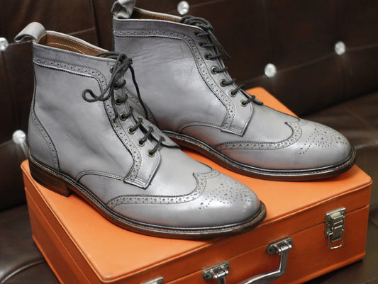 New Men's Handmade Formal Shoes Grey Leather Lace Up Ankle Stylish High Wing Tip Dress & Formal Boots