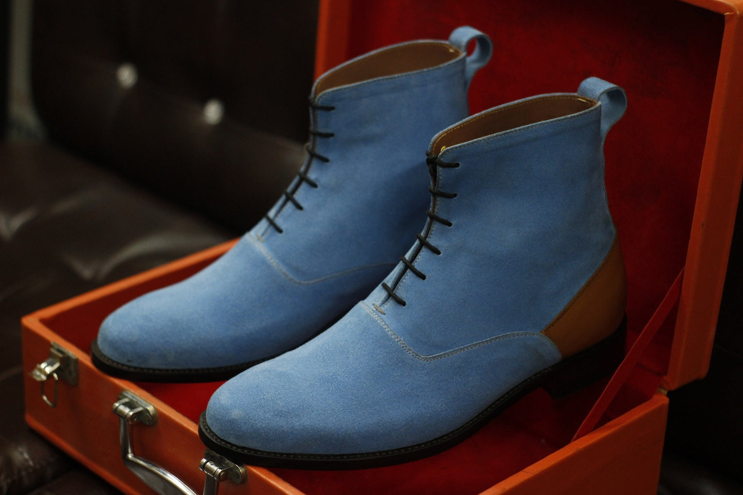 New Men's Handmade Formal Shoes Blue Suede Leather Lace Up Ankle High Stylish Dress & Formal Wear Boots