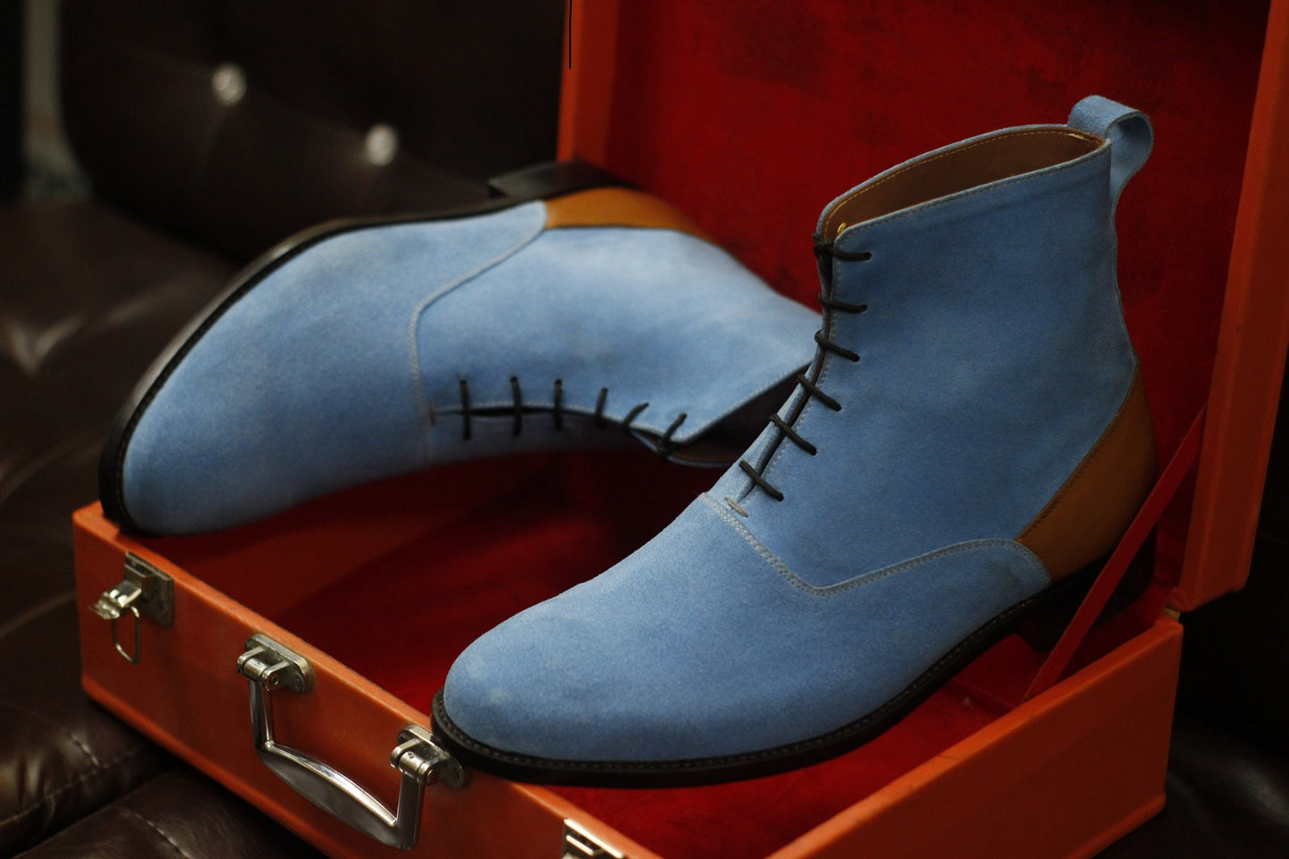 New Men's Handmade Formal Shoes Blue Suede Leather Lace Up Ankle High Stylish Dress & Formal Wear Boots