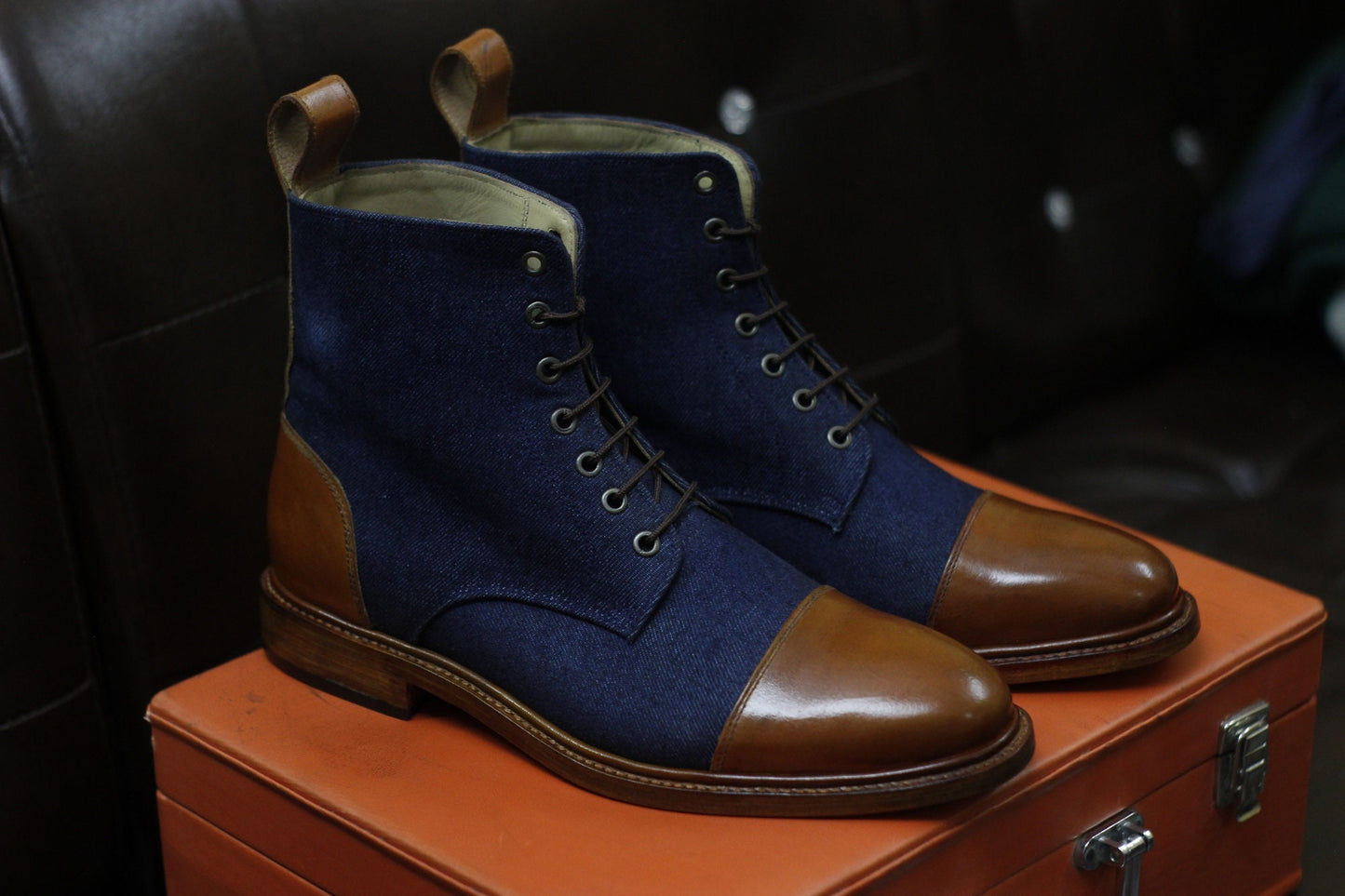 New Men's Handmade Formal Shoes Blue Jeans, Brown Leather Lace Up Ankle High Stylish Cap Toe Dress & Formal Wear Boots