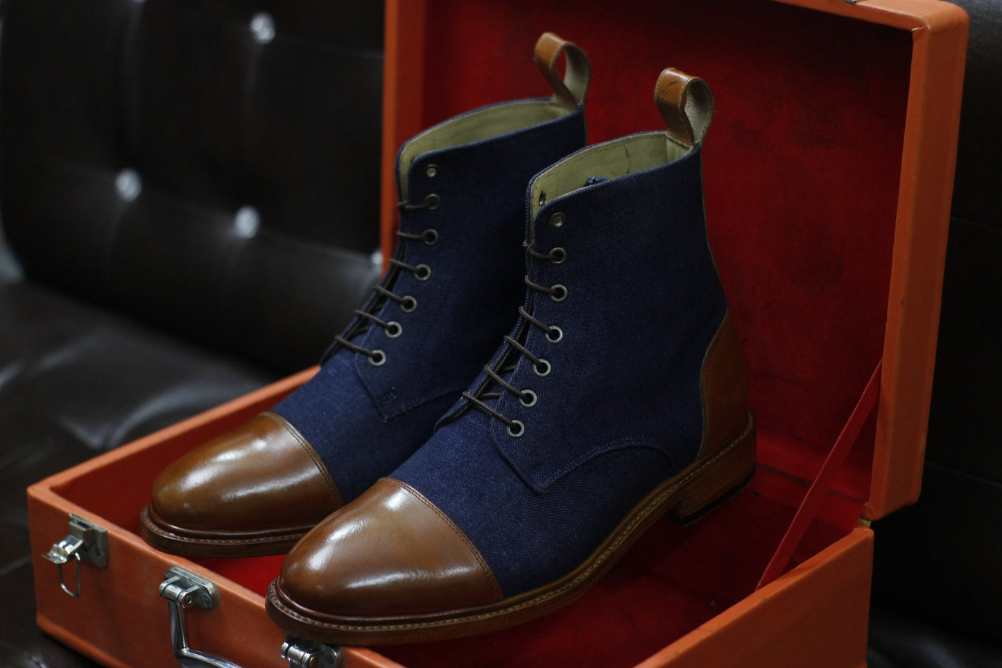 New Men's Handmade Formal Shoes Blue Jeans, Brown Leather Lace Up Ankle High Stylish Cap Toe Dress & Formal Wear Boots