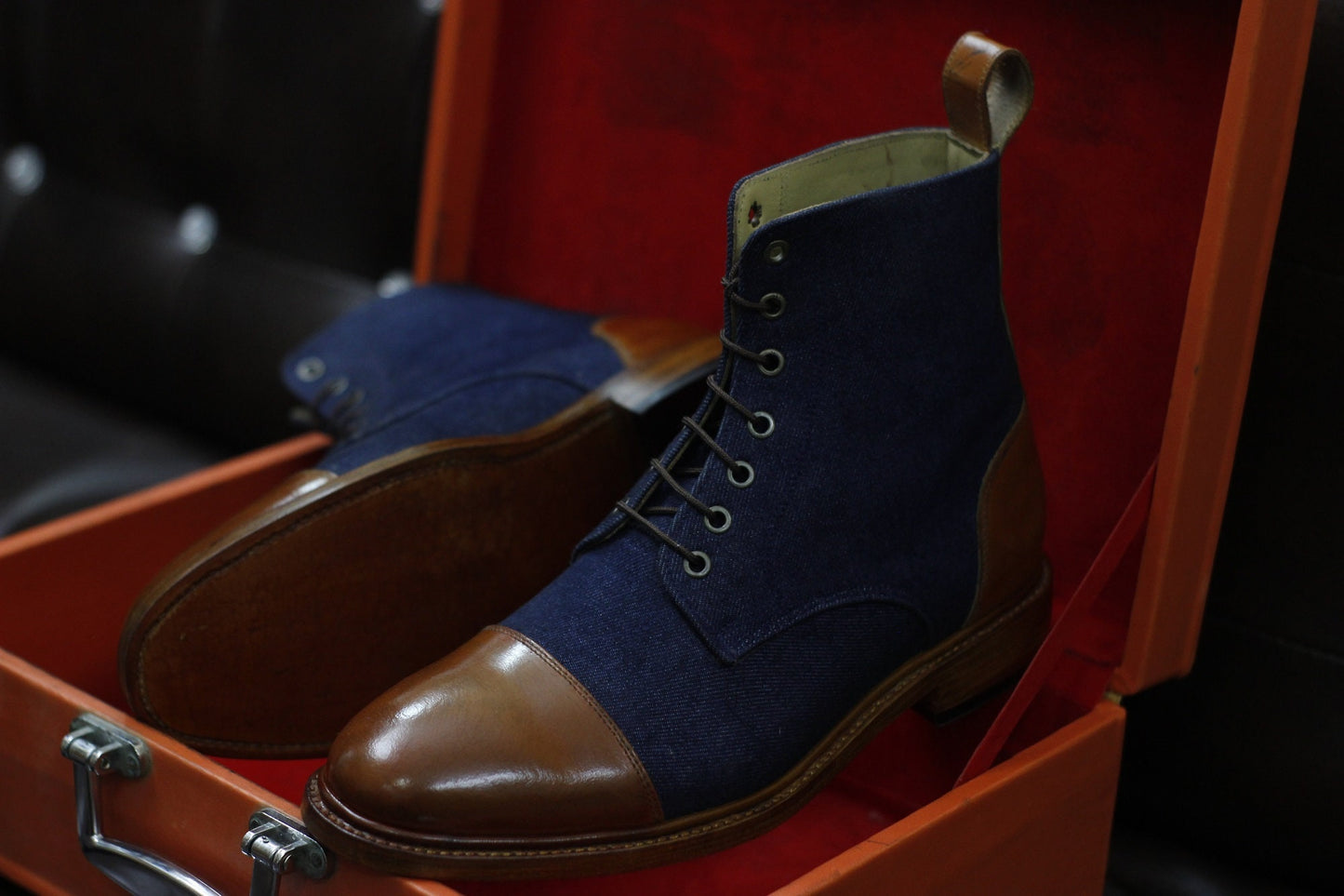 New Men's Handmade Formal Shoes Blue Jeans, Brown Leather Lace Up Ankle High Stylish Cap Toe Dress & Formal Wear Boots