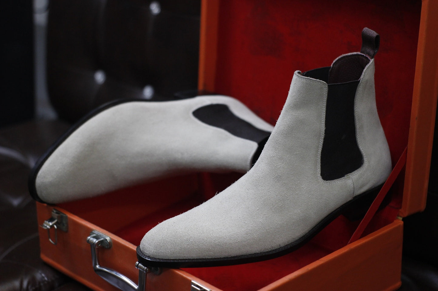 New Men's Handmade Formal Shoes White Suede Leather Pull On Stylish Ankle High Chelsea Dress & Formal Wear Boots