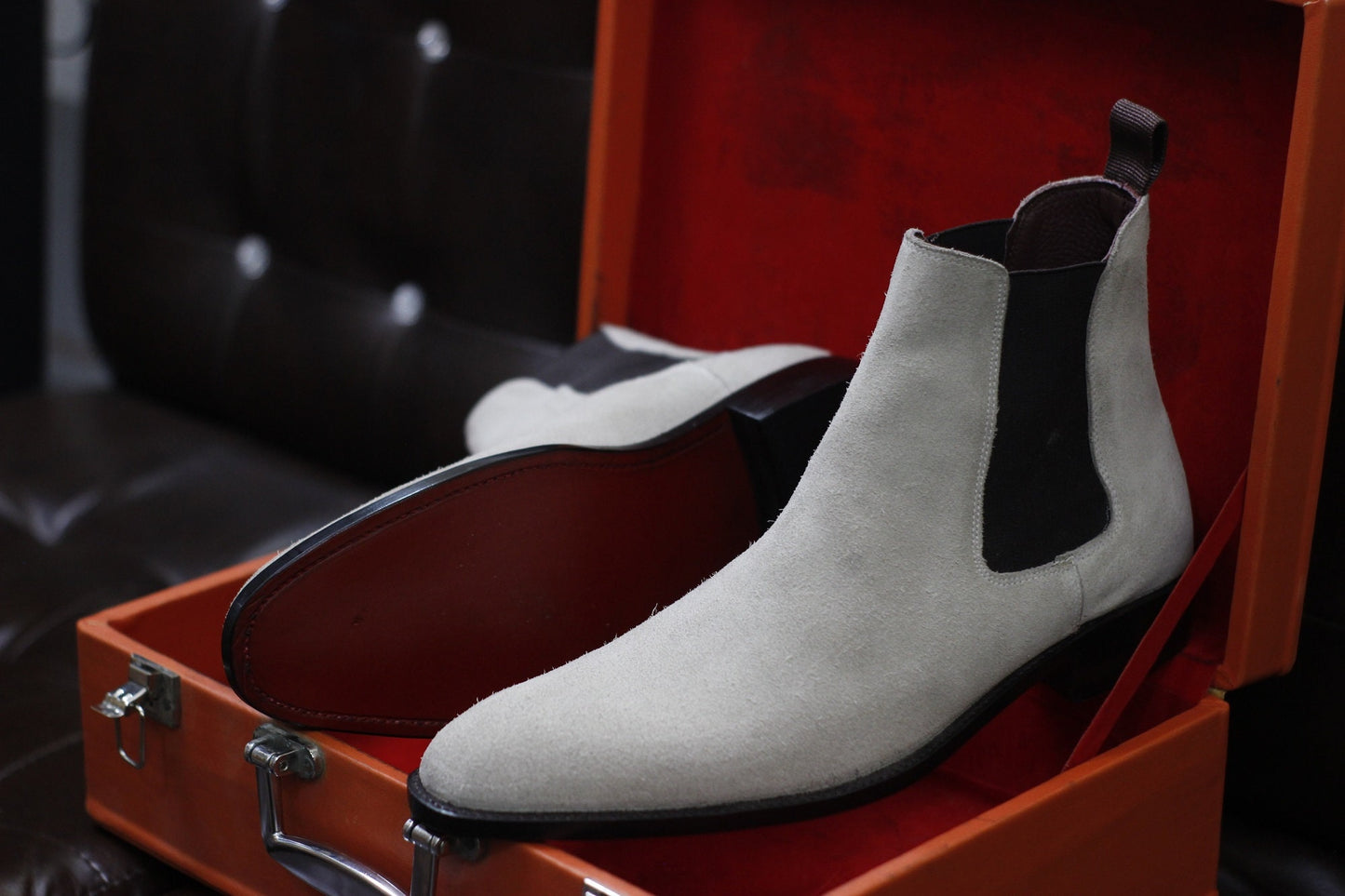 New Men's Handmade Formal Shoes White Suede Leather Pull On Stylish Ankle High Chelsea Dress & Formal Wear Boots