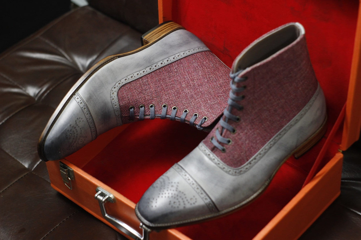 New Men's Handmade Formal Shoes Grey Leather And Maroon Tweed Lace Up Ankle High Cap Toe Style Dress & Formal Boots