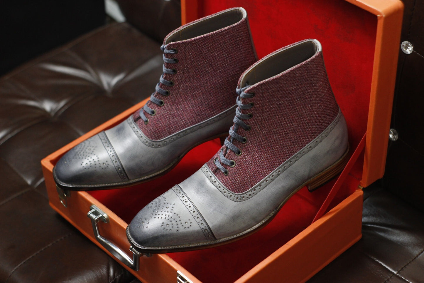 New Men's Handmade Formal Shoes Grey Leather And Maroon Tweed Lace Up Ankle High Cap Toe Style Dress & Formal Boots