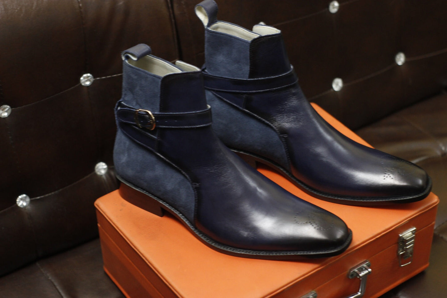 New Men's Handmade Formal Shoes Navy Blue Leather & Suede Jodhpurs Stylish Ankle High Buckle Strap Dress Formal Boots