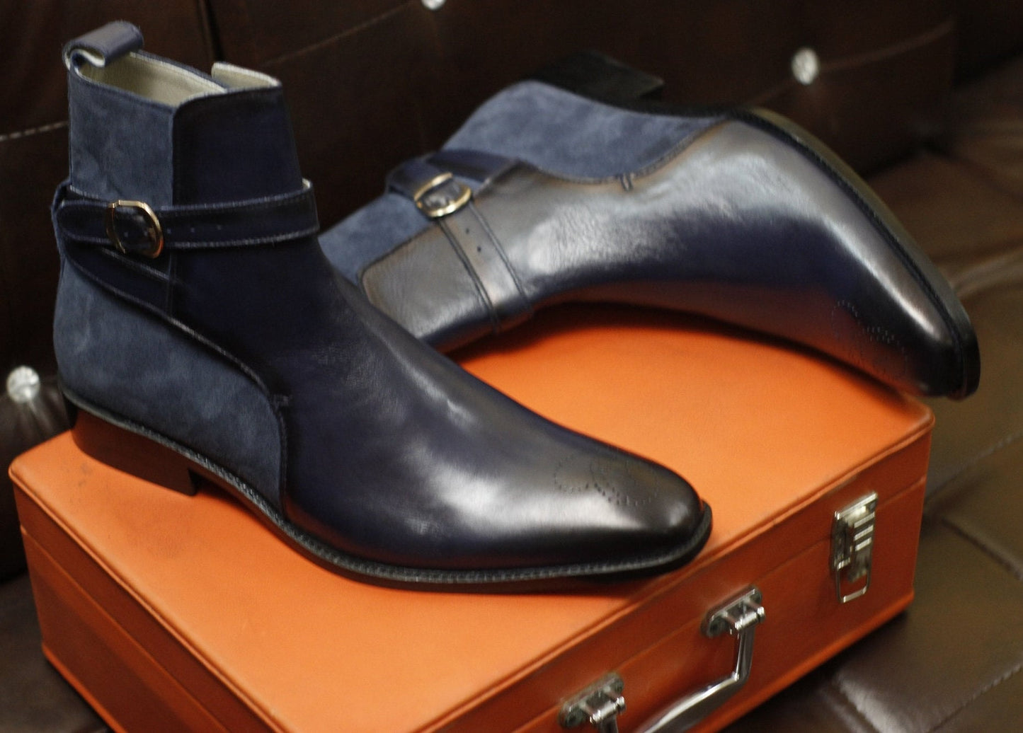 New Men's Handmade Formal Shoes Navy Blue Leather & Suede Jodhpurs Stylish Ankle High Buckle Strap Dress Formal Boots