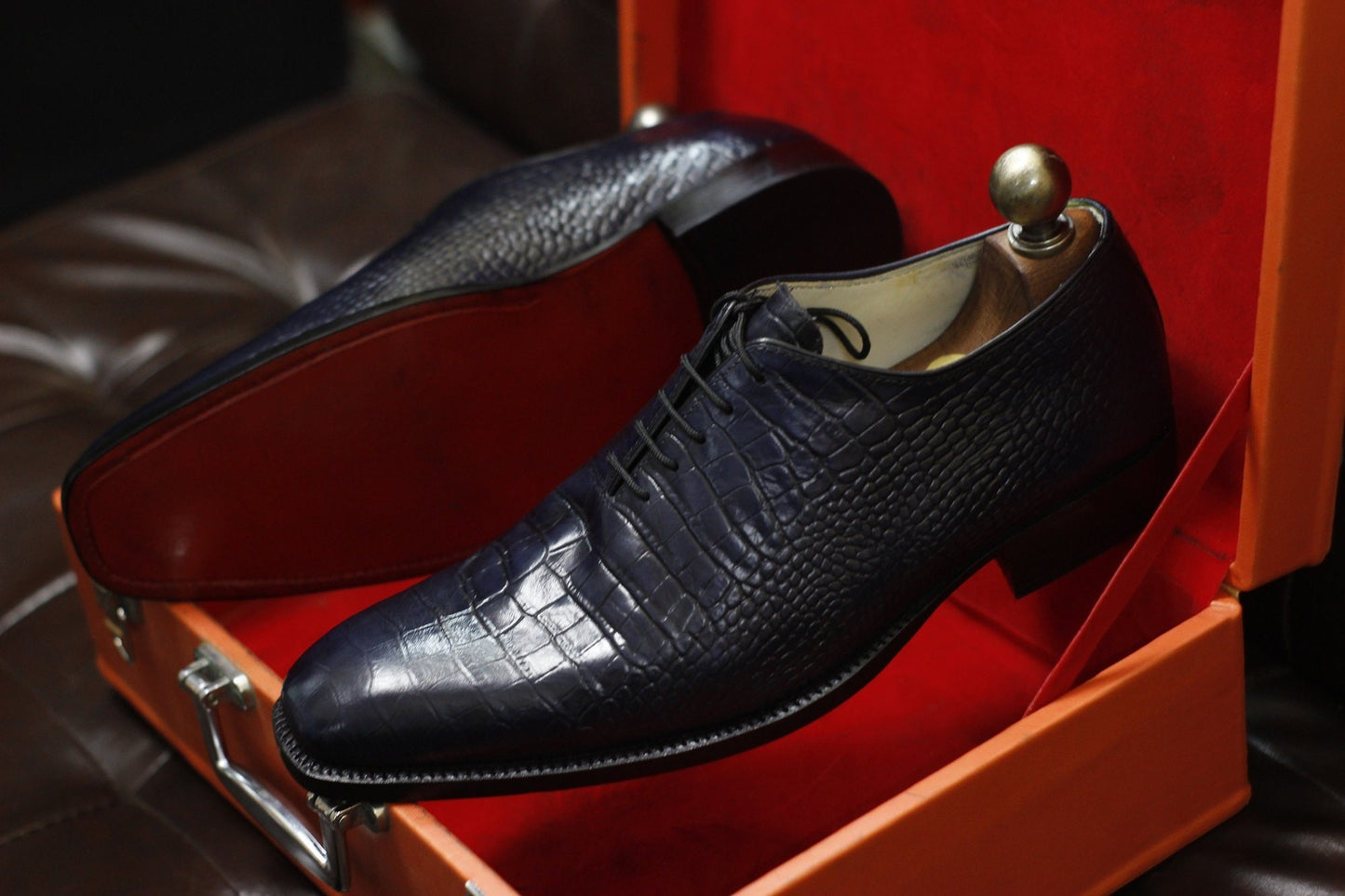 New Men's Handmade Formal Shoes Navy Blue Crocodile Textured Leather , Lace Up Stylish Dress & Casual Wear Shoes