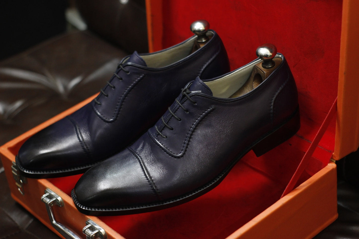 New Men's Handmade Formal Shoes Navy Blue Shaded Leather , Lace Up Stylish Dress & Casual Wear Shoes