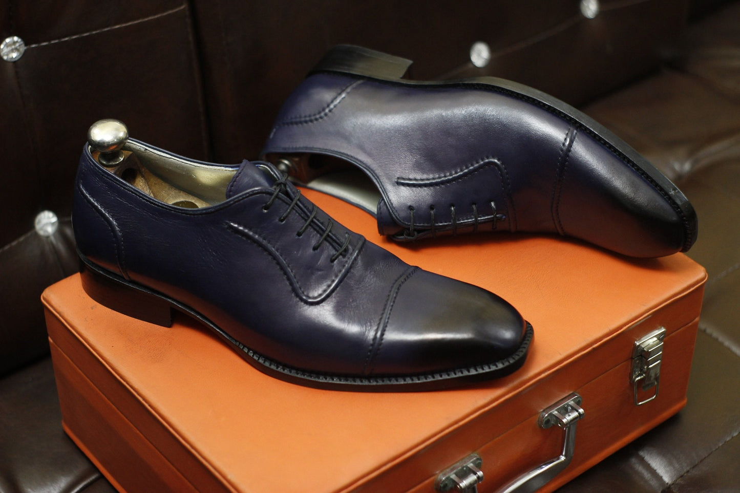 New Men's Handmade Formal Shoes Navy Blue Shaded Leather , Lace Up Stylish Dress & Casual Wear Shoes