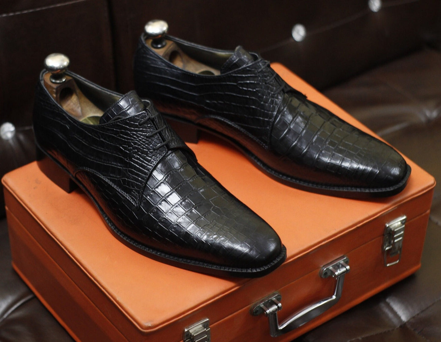 New Men's Handmade Formal Shoes Black Crocodile Textured Leather Lace Up Stylish Dress & Formal Wear Shoes