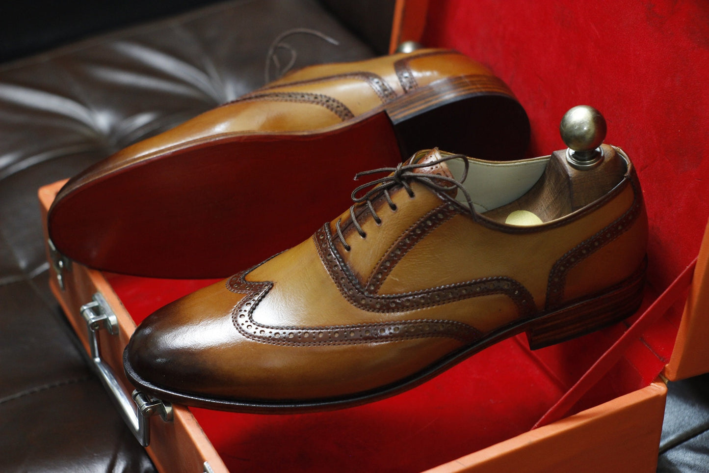 New Men's Handmade Formal Shoes Brown Shaded Leather Lace Up Stylish Wing Tip Dress & Formal Wear Shoes