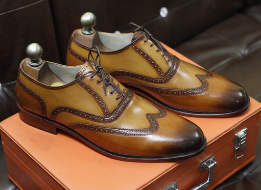 New Men's Handmade Formal Shoes Brown Shaded Leather Lace Up Stylish Wing Tip Dress & Formal Wear Shoes