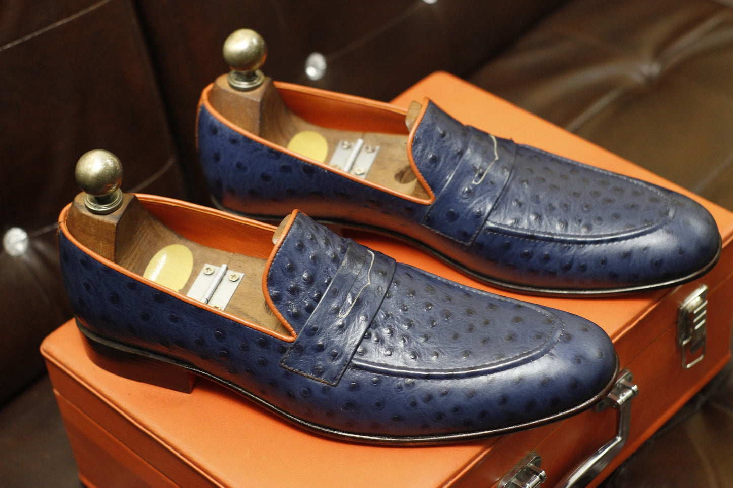 New Men's Handmade Formal Shoes Blue Ostrich Textured Leather Stylish Loafer Slip On Dress & Formal Wear Shoes