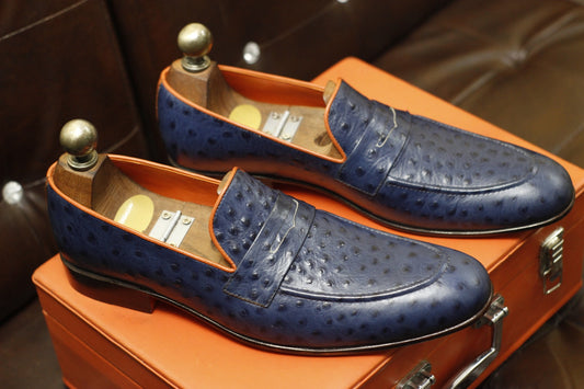 New Men's Handmade Formal Shoes Blue Ostrich Textured Leather Stylish Loafer Slip On Dress & Formal Wear Shoes