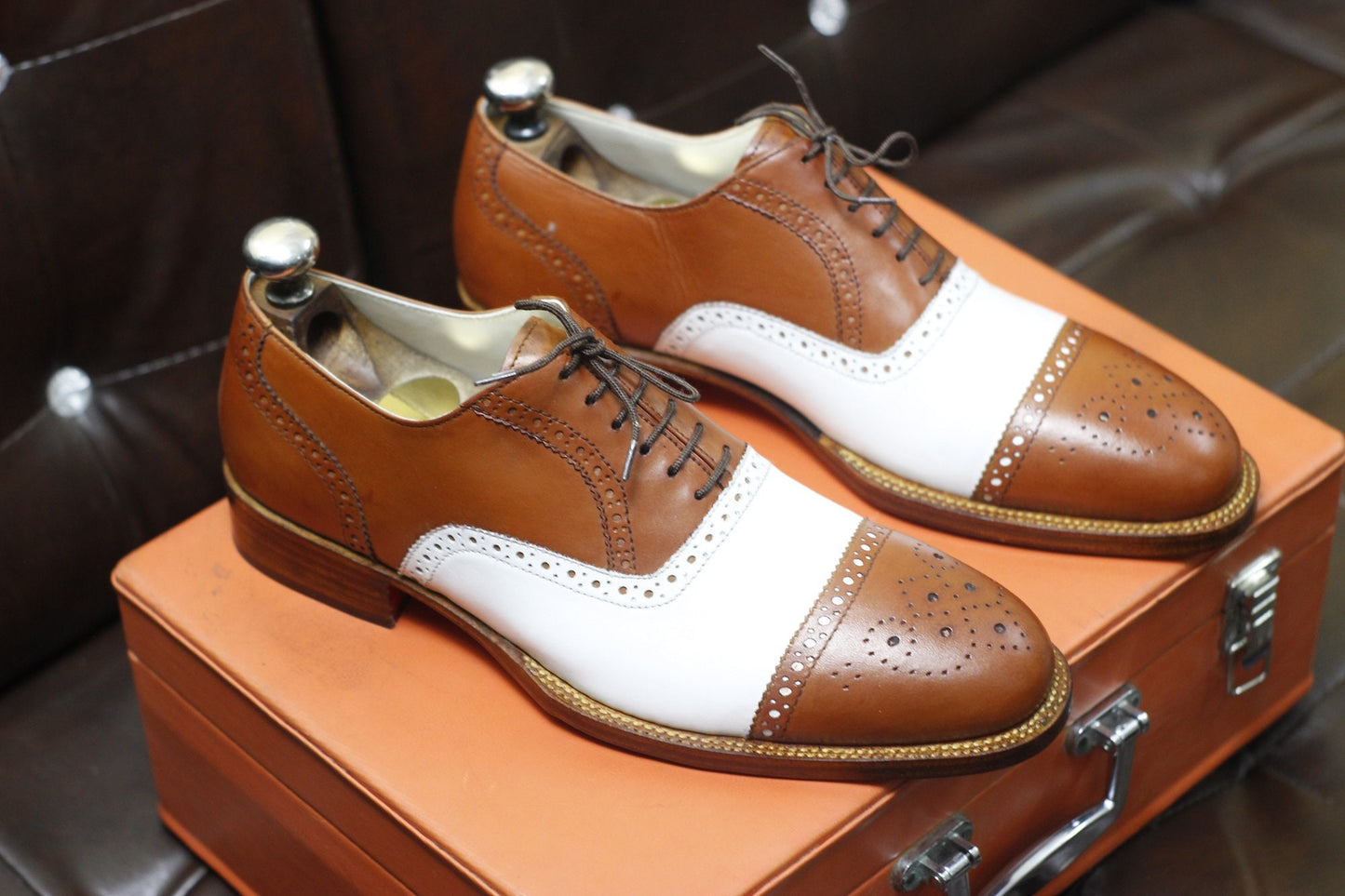 New Men's Handmade Formal Shoes Brown White Leather Cap Toe , Lace Up Stylish Dress & Casual Wear Shoes