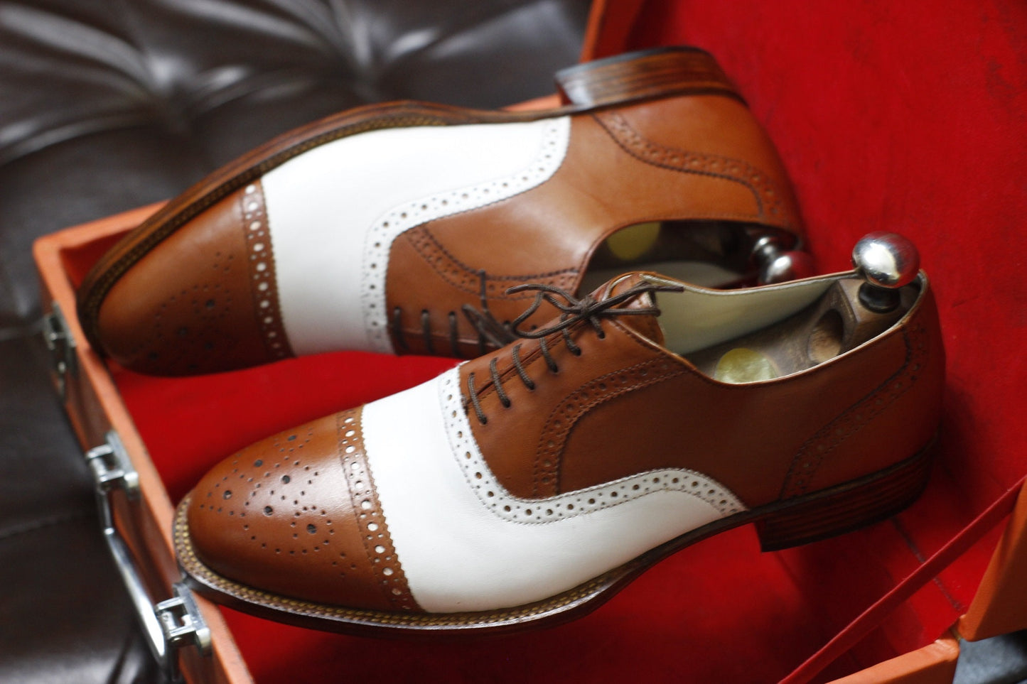 New Men's Handmade Formal Shoes Brown White Leather Cap Toe , Lace Up Stylish Dress & Casual Wear Shoes