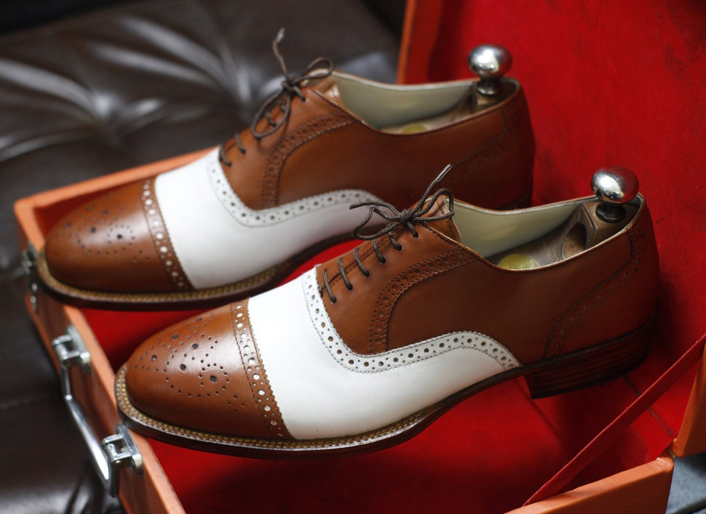 New Men's Handmade Formal Shoes Brown White Leather Cap Toe , Lace Up Stylish Dress & Casual Wear Shoes