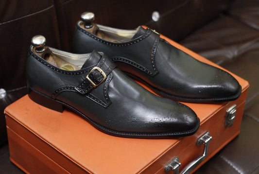 New Men's Handmade Buckle Shoes Grey Leather Single Monk Stylish Brogue Toe Dress & Formal Wear Shoes