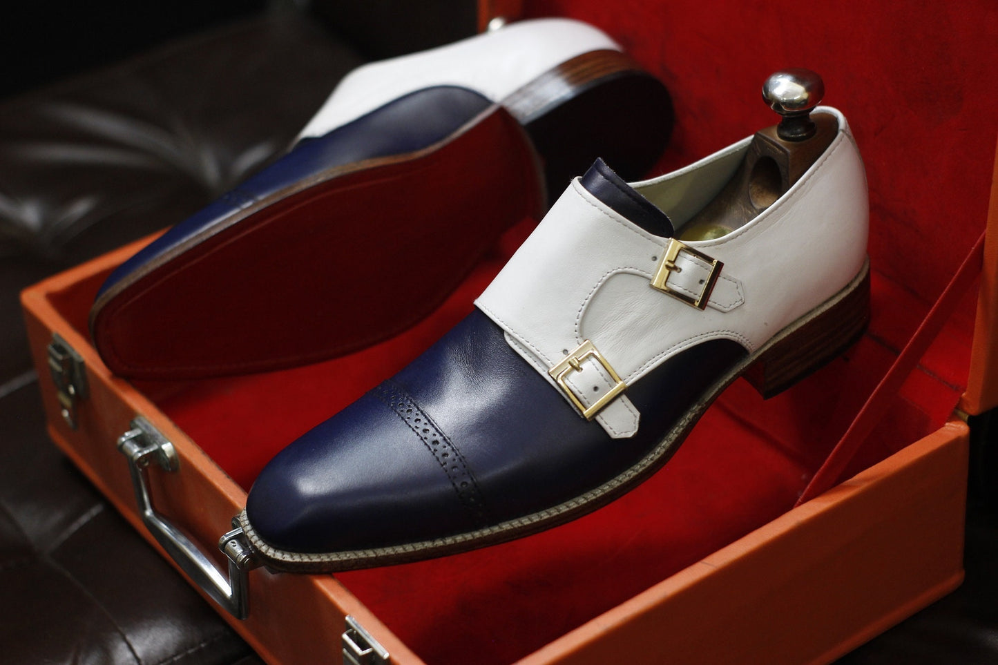 New Men's Handmade Formal Shoes Navy Blue and White Leather Two Tone Double Monk Stylish Buckle Dress & Formal Wear Shoes