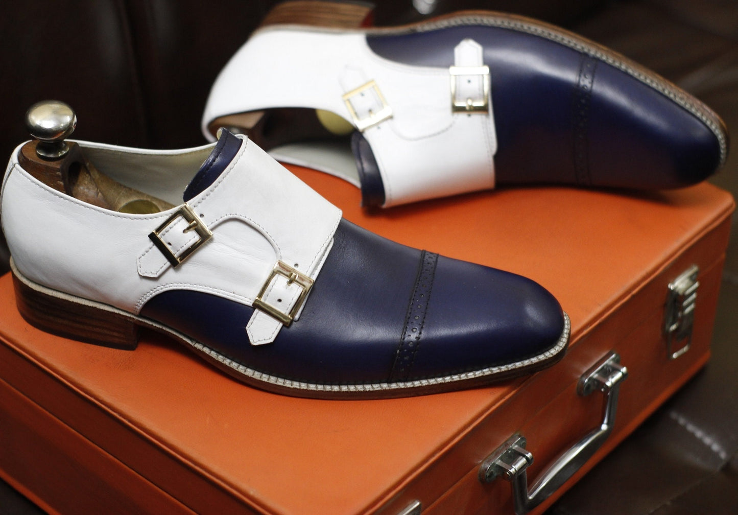 New Men's Handmade Formal Shoes Navy Blue and White Leather Two Tone Double Monk Stylish Buckle Dress & Formal Wear Shoes