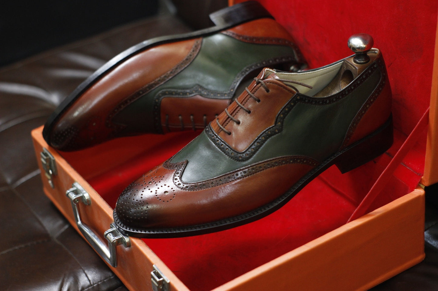 BURGUNDY & OLIVE GREEN HANDMADE FORMAL WINGTIP SHOES