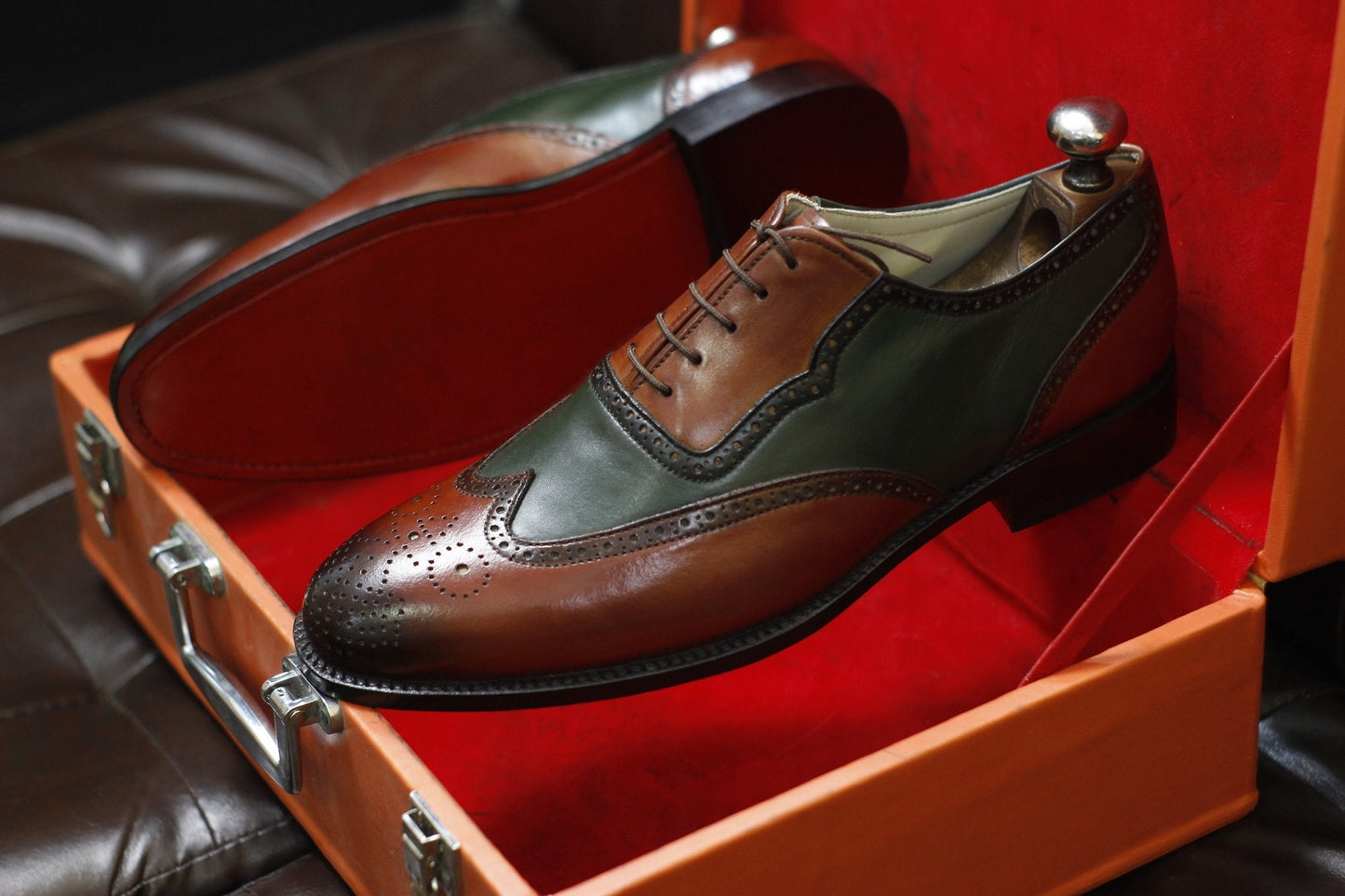 BURGUNDY & OLIVE GREEN HANDMADE FORMAL WINGTIP SHOES