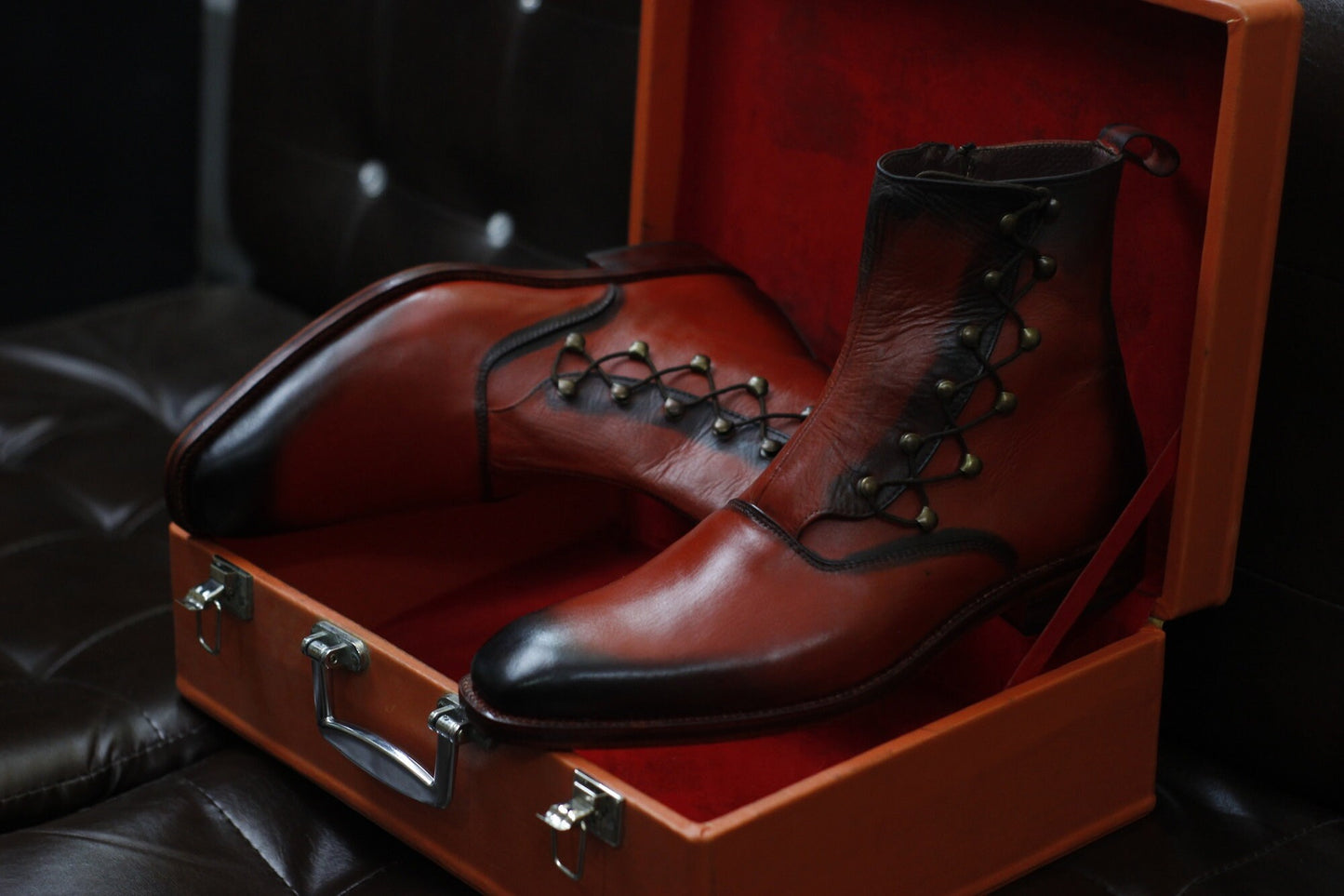 New Men's Handmade Formal Shoes Reddish Black Shaded Two Tone Leather Lace Up Stylish Ankle High Dress & Formal Boots