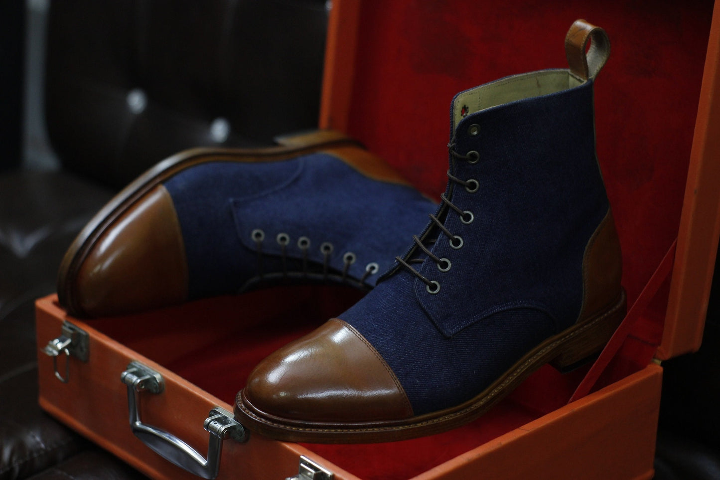 New Men's Handmade Formal Shoes Blue Jeans, Brown Leather Lace Up Ankle High Stylish Cap Toe Dress & Formal Wear Boots