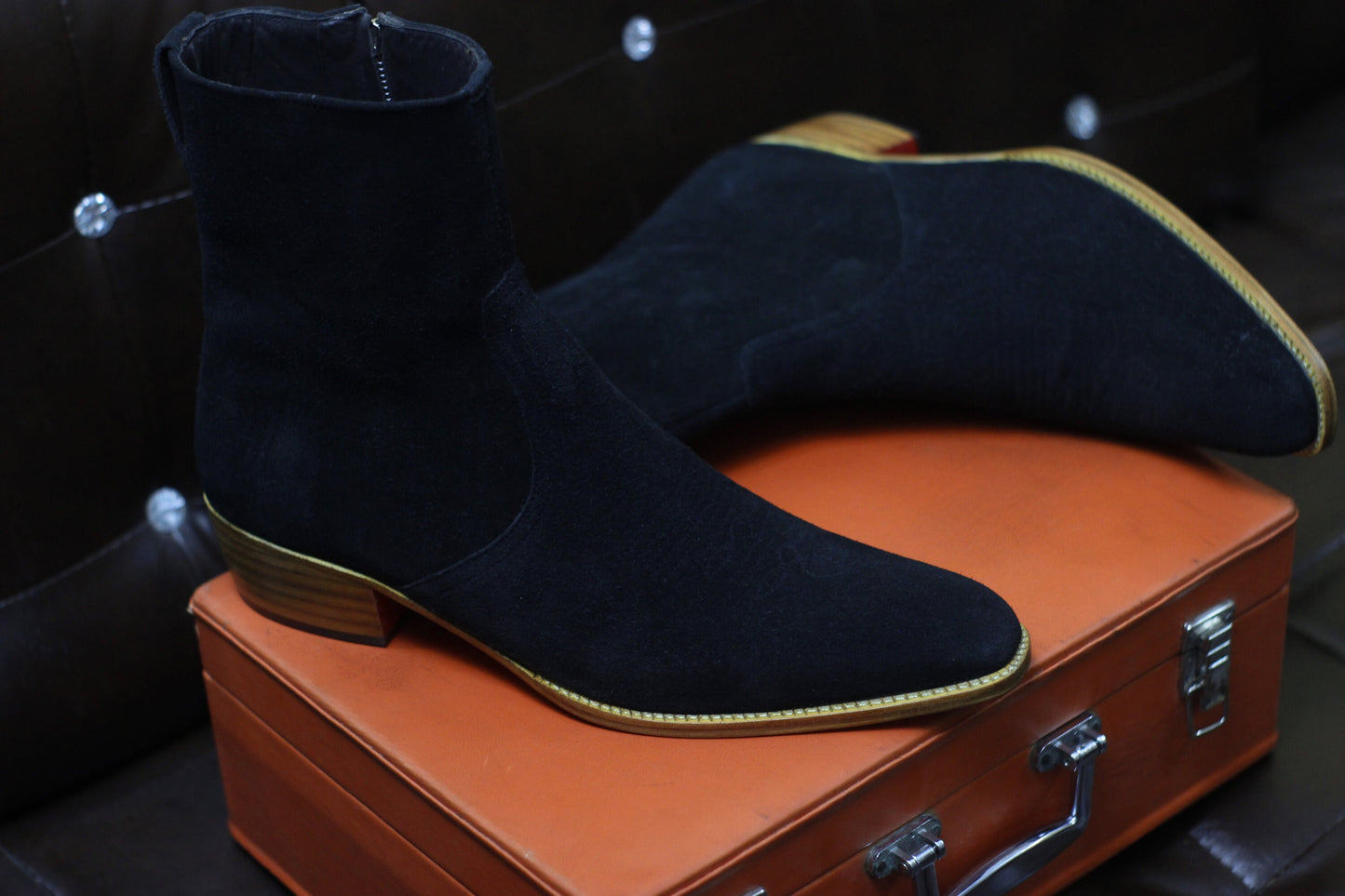 New Men's Handmade Black Suede Leather Side Zipper Style Ankle High Dress & Casual Wear Boots