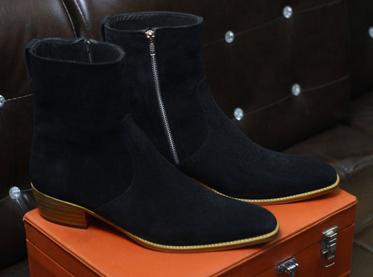 New Men's Handmade Black Suede Leather Side Zipper Style Ankle High Dress & Casual Wear Boots