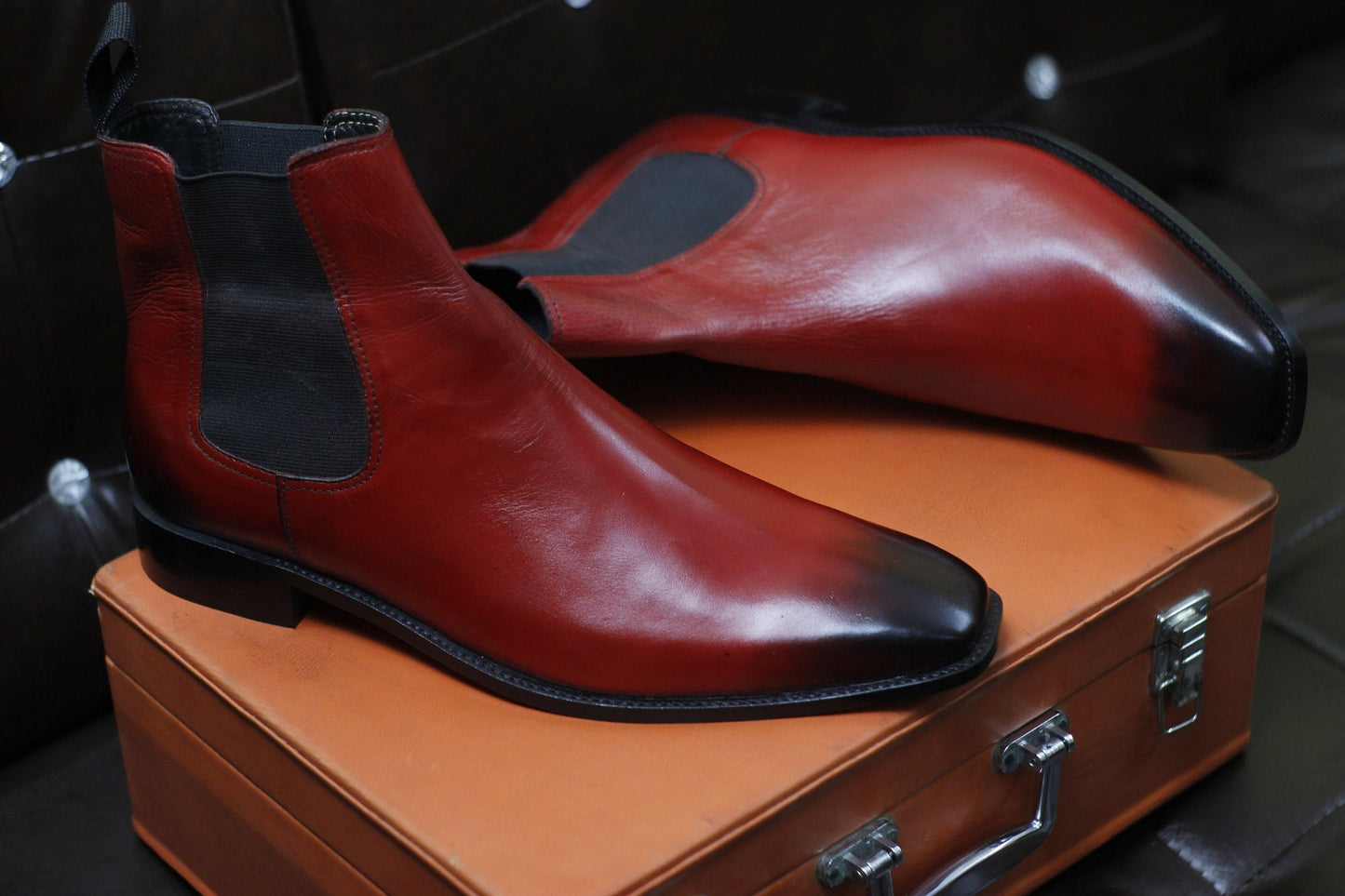 New Men's Handmade Formal Shoes Red Shaded Leather Pull On Ankle High Stylish Chelsea Boots