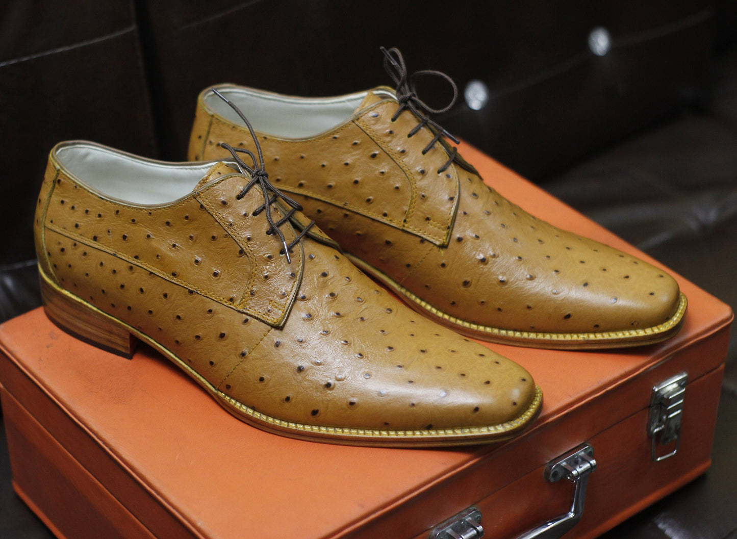 New Men's Handmade Formal Shoes Tan Brown Ostrich Textured Leather Stylish Lace Up Dress & Formal Wear Shoes