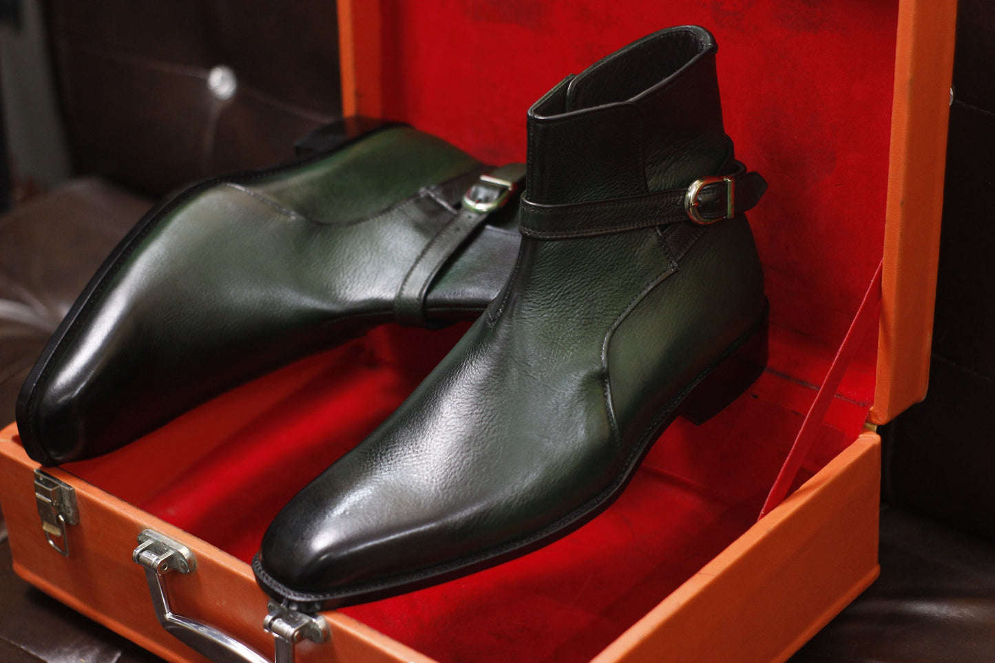 New Men's Handmade Formal Shoes Green Shaded Leather Ankle High Jodhpur Stylish Boots